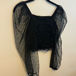 {Blāshe} Cropped Sheer Polka Dot Long Puffy Sleeve Mesh Top